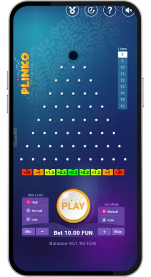 Plinko BGaming full peg board displayed with High risk level selected and multiplier row visible at the bottom
