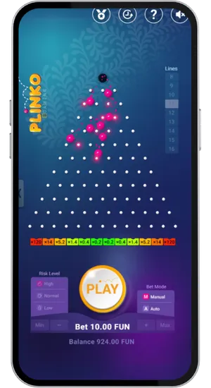Plinko board on High risk mode with eleven rows showing maximum edge multipliers of one hundred and twenty times at both ends