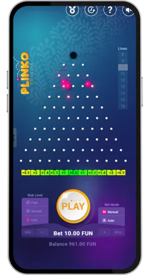 Several pink balls in motion across a ten row board on Normal risk mode showing mid-drop paths through the pegs