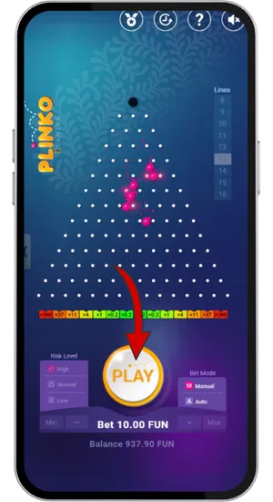 Releasing the ball in Plinko and monitoring the session using manual or autoplay mode for up to 1,000 rounds