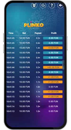 Plinko round history screen listing recent bets of ten units each with corresponding payout multipliers and profit or loss per round