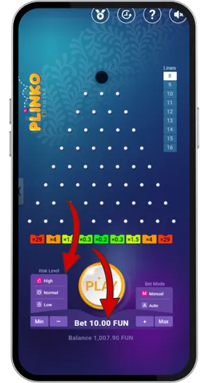 Setting a stake in Plinko that matches the session budget with £0.10 per drop covering 100 rounds on a £10 balance