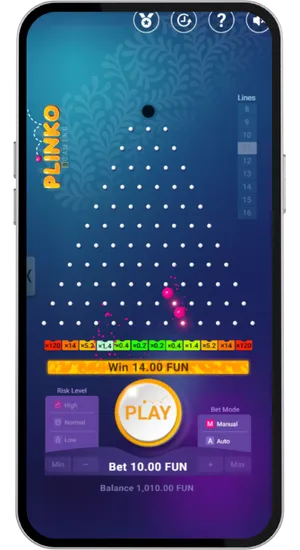 Plinko winning drop result screen showing a fourteen times payout highlighted on the High risk eleven row board